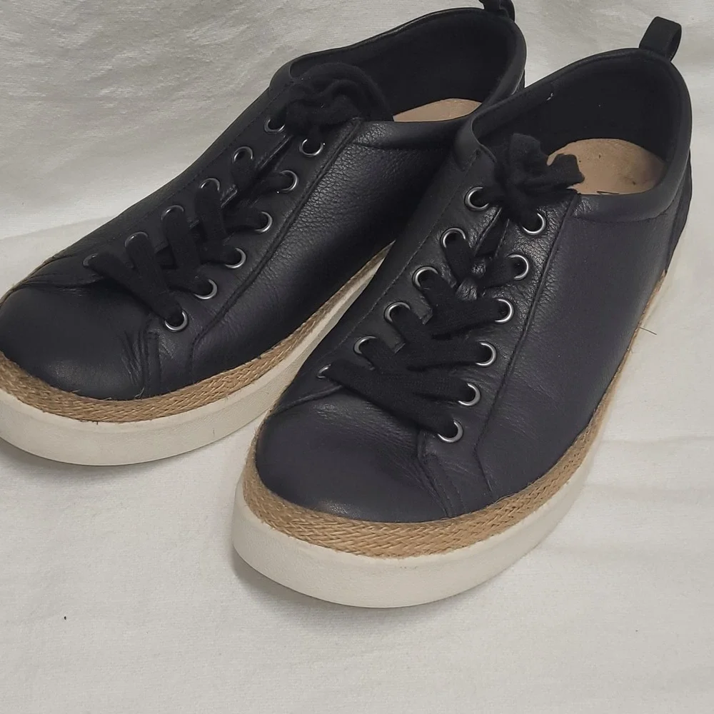 Vionic Elisia Black Leather Jute Trim Orthotic Sneakers Womens 10 Low Top Laces